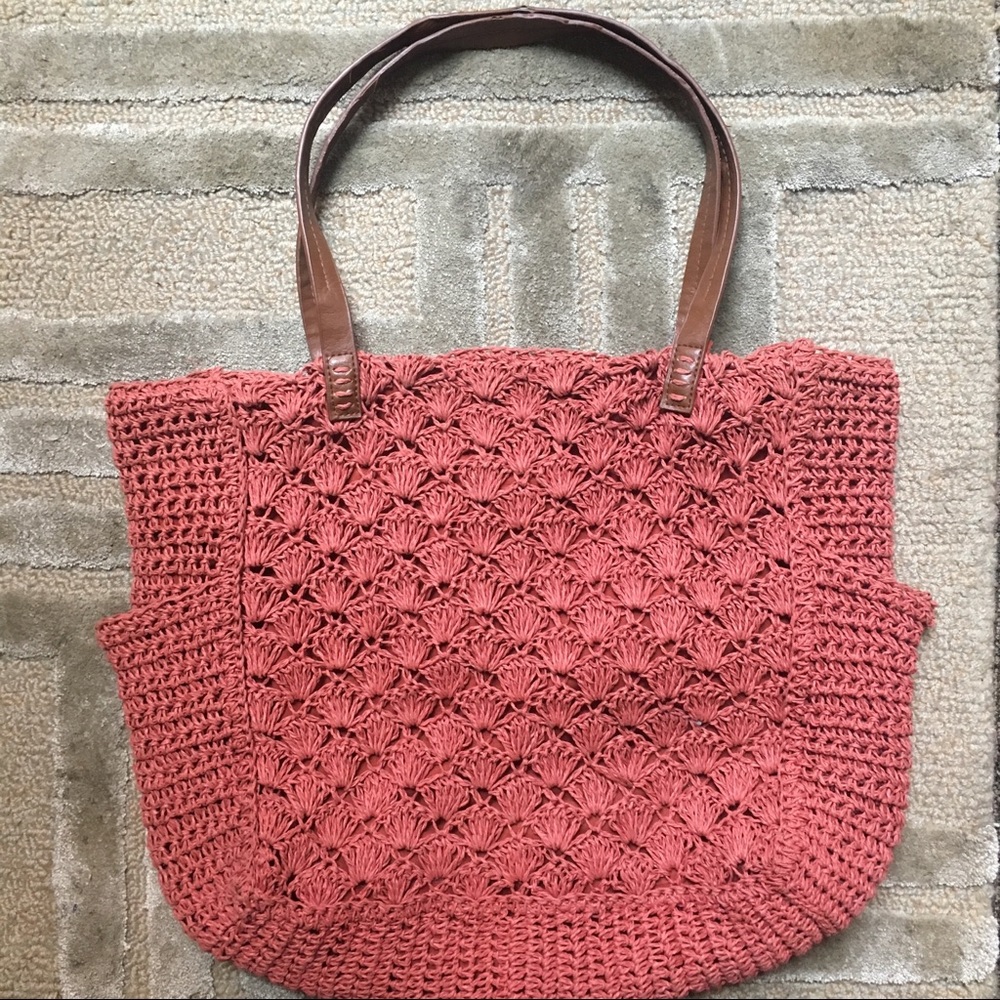 STRAW STUDIOS - Coral Raffia Large Crochet beach tote